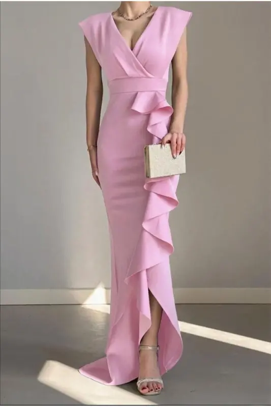 Kadın Siyah Scuba Dalgıç Kumaş Kruvaze Yaka Eteği Volanlı Abiye Mezuniyet Nikah Elbise - Pembe-Pink - 1