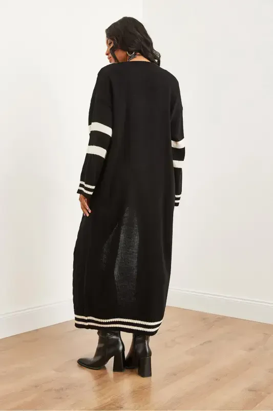 Kadın Siyah Şerit Detaylı Maxi Oversize Triko Hırka HRK-19000317-Siyah - 6