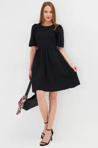 Kadın Siyah Sıfır Yaka Arkası Fermuarlı Karpuz Kol Beli Büzgülü Elbise ARM-25Y001009-Siyah - ARMONIKA (1)