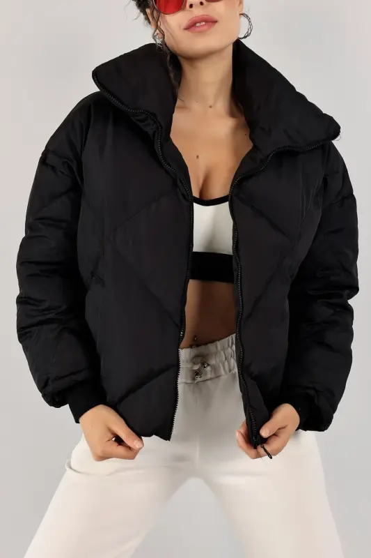 Kadın Siyah Şişme Mont Yüksek Yaka - Oversize Kalın Dolgulu Kışlık-BLACKBKLV - MODA ARMANC