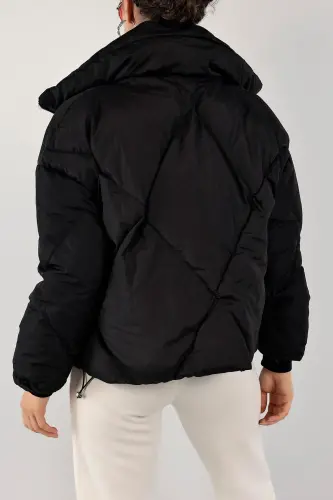 Kadın Siyah Şişme Mont Yüksek Yaka - Oversize Kalın Dolgulu Kışlık-BLACKBKLV - 4
