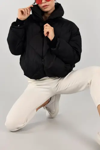 Kadın Siyah Şişme Mont Yüksek Yaka - Oversize Kalın Dolgulu Kışlık-BLACKBKLV - 3