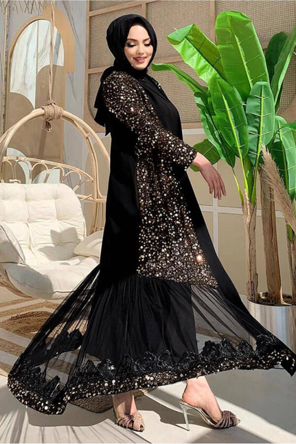 KADIN SİYAH (SİYAH-GOLD) PUL PAYETLİ ABAYA T 6737 - 5