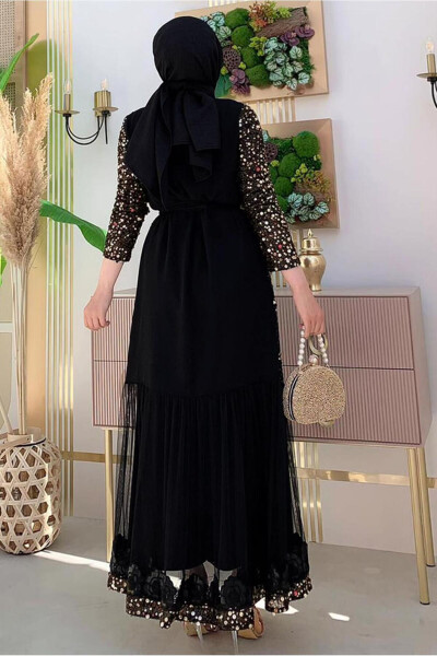 KADIN SİYAH (SİYAH-GOLD) PUL PAYETLİ ABAYA T 6737 - 6