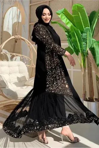 KADIN SİYAH (SİYAH-GOLD) PUL PAYETLİ ABAYA T 6737-SİYAH (SİYAH - TRENDTESETTÜR (1)