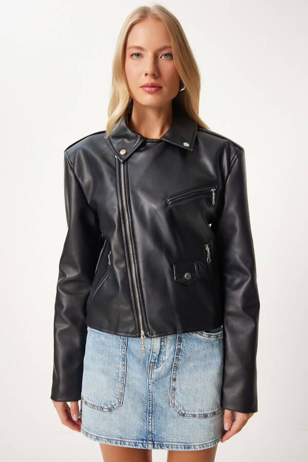 Kadın Siyah Suni Deri Crop Biker Ceket FN03305 - 4