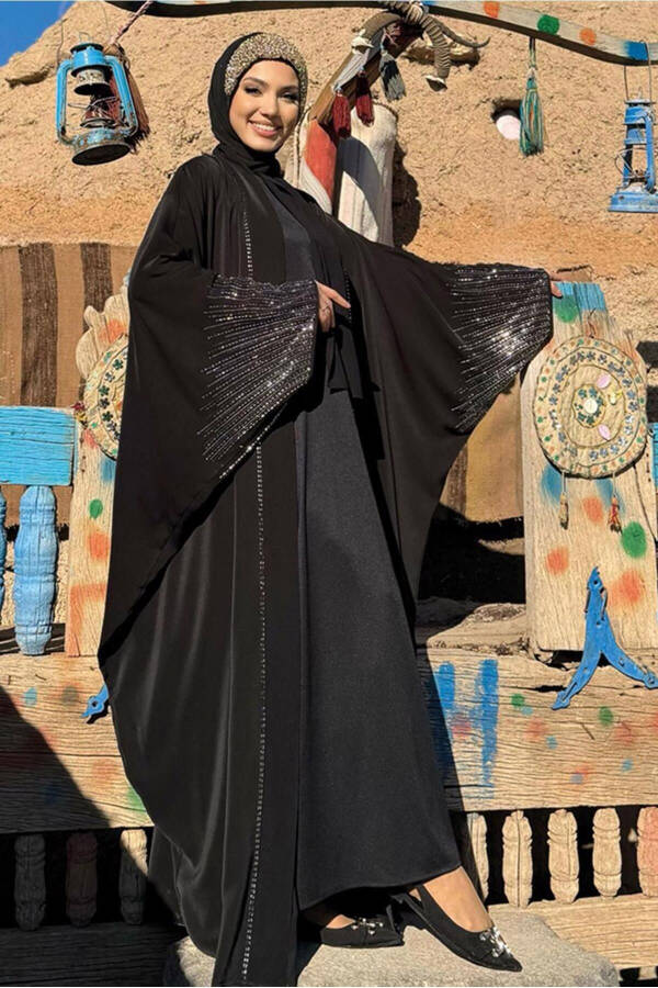 KADIN SİYAH TAŞ BASKILI ABAYA T 0887 - 3