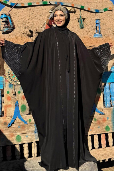 KADIN SİYAH TAŞ BASKILI ABAYA T 0887 - 6