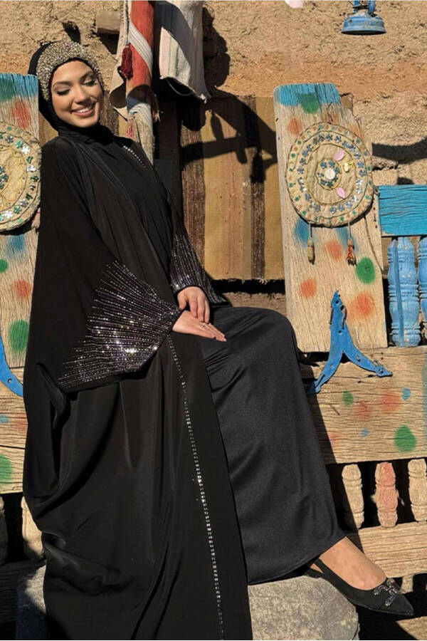 KADIN SİYAH TAŞ BASKILI ABAYA T 0887 - 8