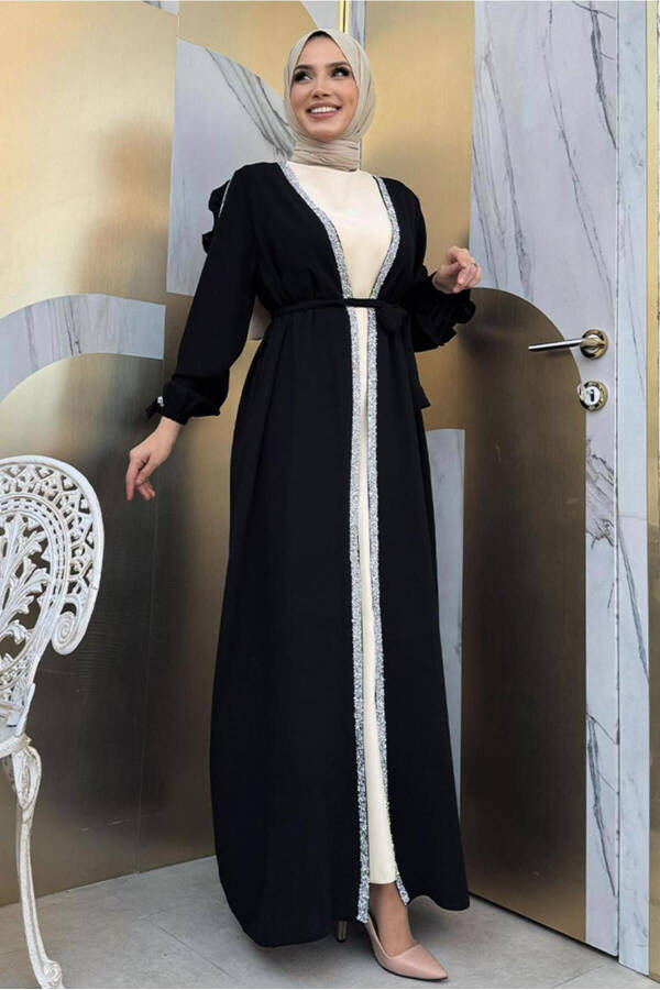 KADIN SİYAH TAŞ DETAYLI ELBİSELİ ABAYA TAKIM T 4848 - 2