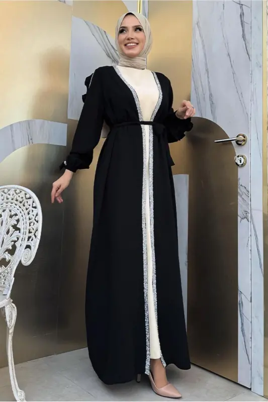 KADIN SİYAH TAŞ DETAYLI ELBİSELİ ABAYA TAKIM T 4848 - SİYAH - 2