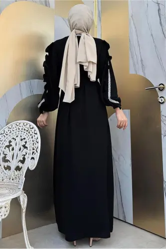 KADIN SİYAH TAŞ DETAYLI ELBİSELİ ABAYA TAKIM T 4848 - SİYAH - 3