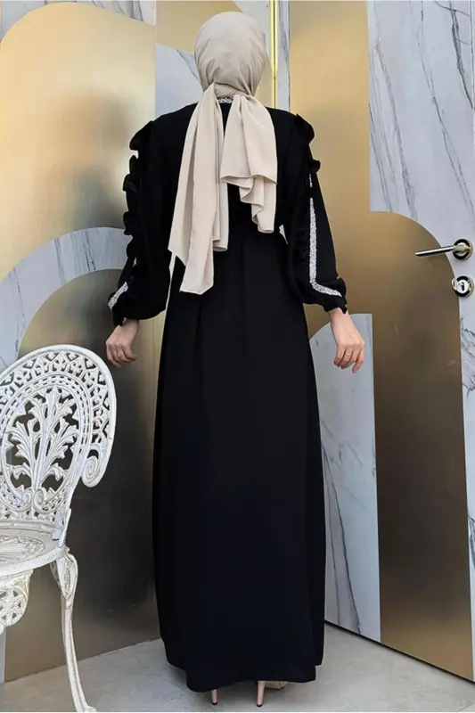KADIN SİYAH TAŞ DETAYLI ELBİSELİ ABAYA TAKIM T 4848 - SİYAH - 3
