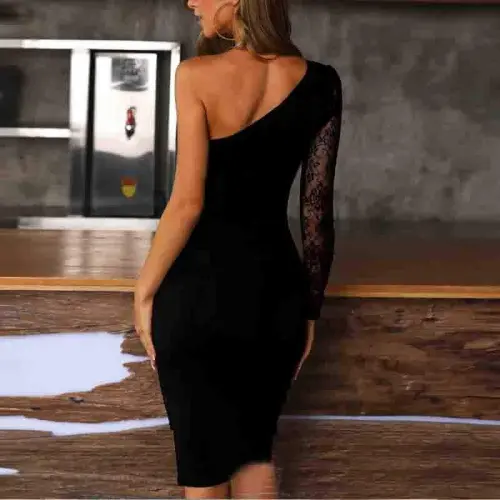 Kadın Siyah Tek Kol Dantel Detay Omuz Dekolte Krep Elbise - 4