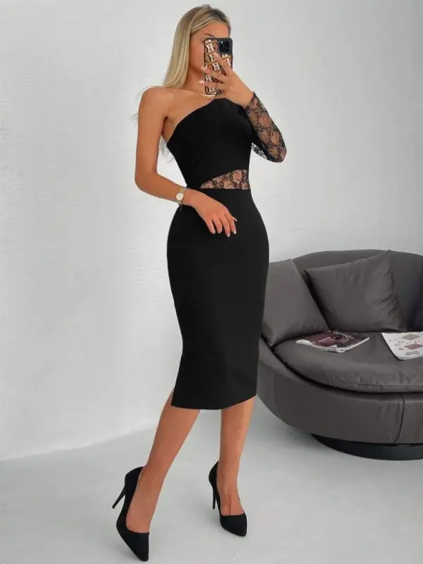 Kadın Siyah Tek Kol Dantel Detay Omuz Dekolte Krep Elbise - 5