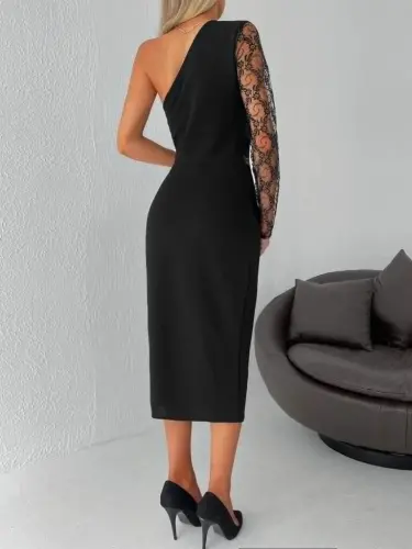 Kadın Siyah Tek Kol Dantel Detay Omuz Dekolte Krep Elbise - 6