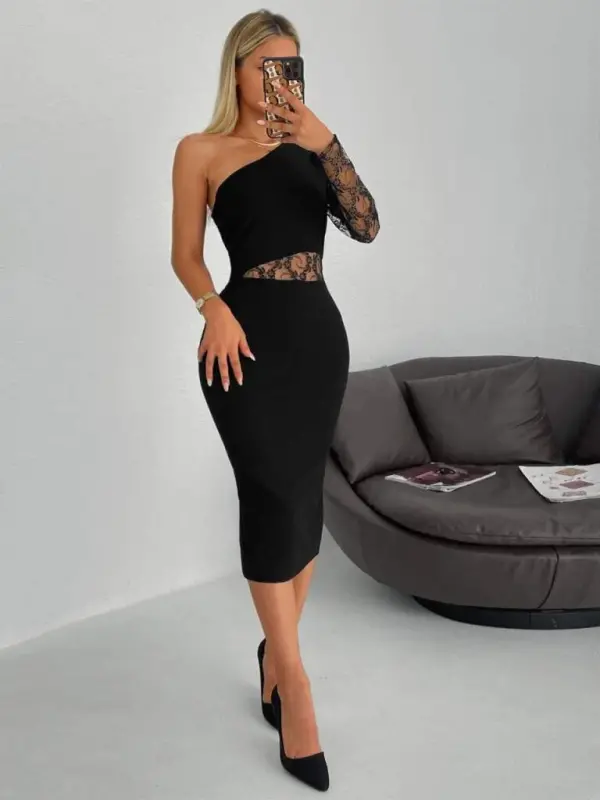 Kadın Siyah Tek Kol Dantel Detay Omuz Dekolte Krep Elbise - 7