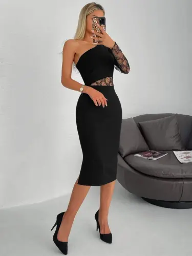Kadın Siyah Tek Kol Dantel Detay Omuz Dekolte Krep Elbise - 13