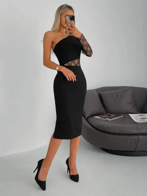 Kadın Siyah Tek Kol Dantel Detay Omuz Dekolte Krep Elbise - 15
