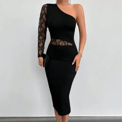 Kadın Siyah Tek Kol Dantel Detay Omuz Dekolte Krep Elbise - 20