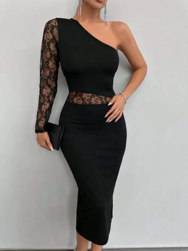 Kadın Siyah Tek Kol Dantel Detay Omuz Dekolte Krep Elbise - 21