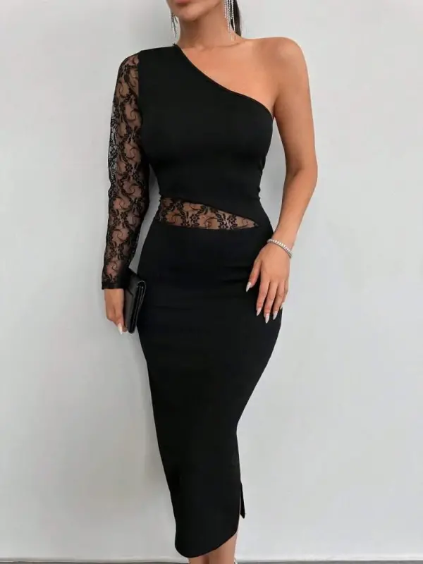 Kadın Siyah Tek Kol Dantel Detay Omuz Dekolte Krep Elbise - 23