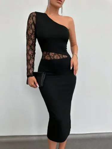 Kadın Siyah Tek Kol Dantel Detay Omuz Dekolte Krep Elbise - 24