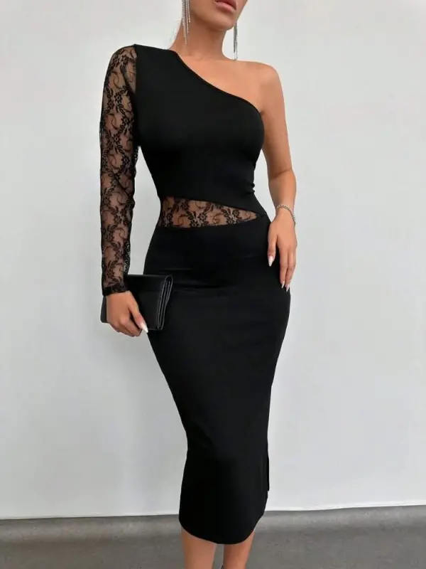 Kadın Siyah Tek Kol Dantel Detay Omuz Dekolte Krep Elbise - 24