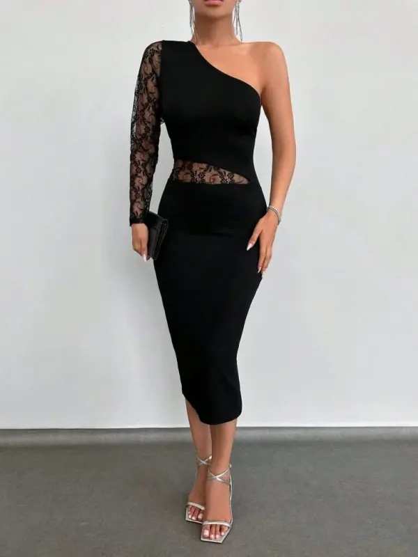 Kadın Siyah Tek Kol Dantel Detay Omuz Dekolte Krep Elbise - 25