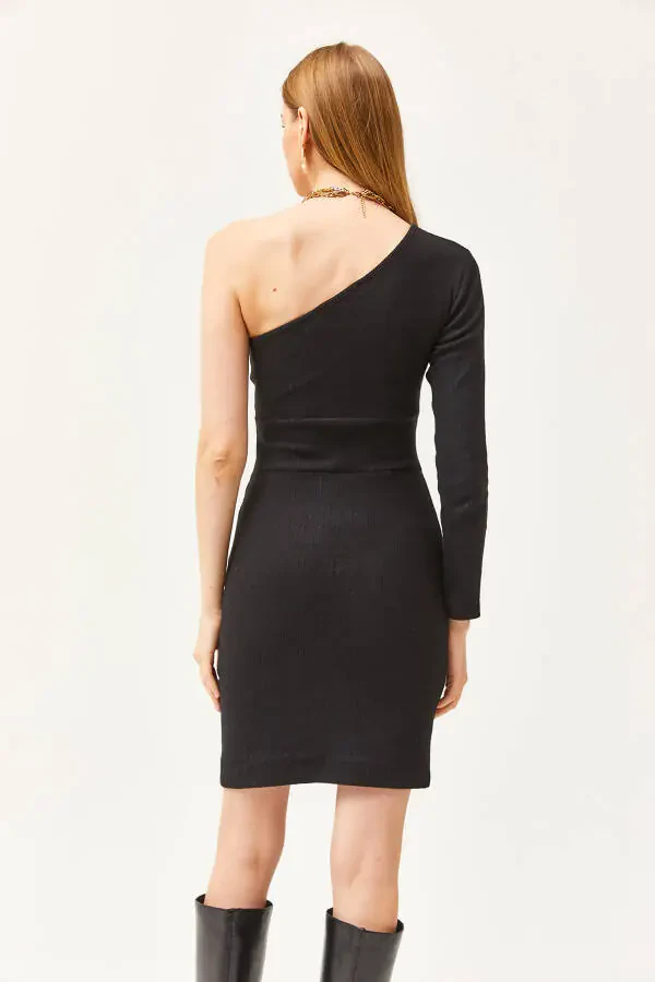Kadın Siyah Tek Omuz Şardonlu Mini Elbise ELB-19002051-Siyah - 5