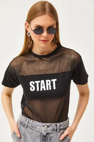 Kadın Siyah Tül Garnili Nakışlı Tişört TSH-19000798-Siyah 