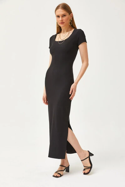 Kadın Siyah U Yaka Likralı İnce Fitilli Yırtmaçlı Ottoman Elbise ELB-19002080-Siyah - Modazone