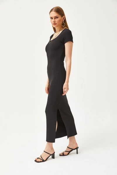 Kadın Siyah U Yaka Likralı İnce Fitilli Yırtmaçlı Ottoman Elbise ELB-19002080-Siyah - Modazone (1)