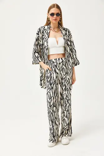 Kadın Siyah Üst Kimono Alt Cepli Pantolon Takım TKM-19000276 - Siyah - OLALOOK (1)