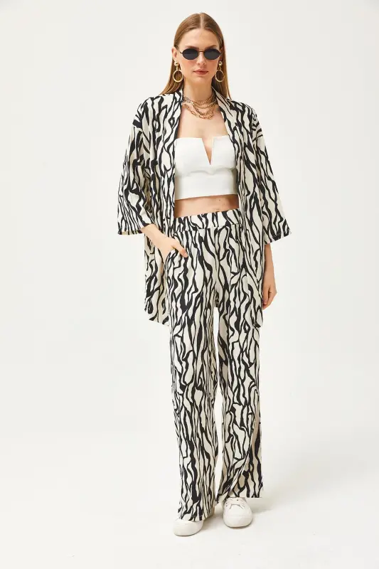 Kadın Siyah Üst Kimono Alt Cepli Pantolon Takım TKM-19000276 - Siyah - 2