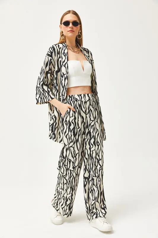 Kadın Siyah Üst Kimono Alt Cepli Pantolon Takım TKM-19000276 - Siyah - 3
