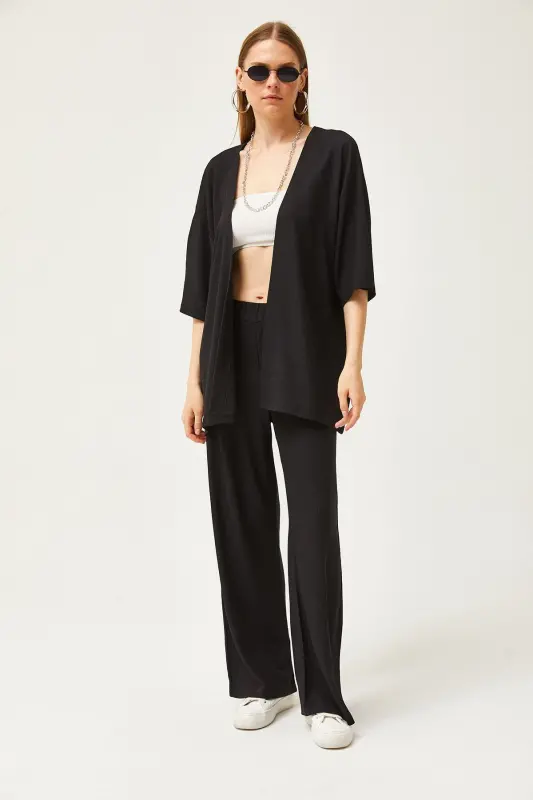 Kadın Siyah Üst Kimono Alt Pantolon Takım TKM-19000280-Siyah - 2