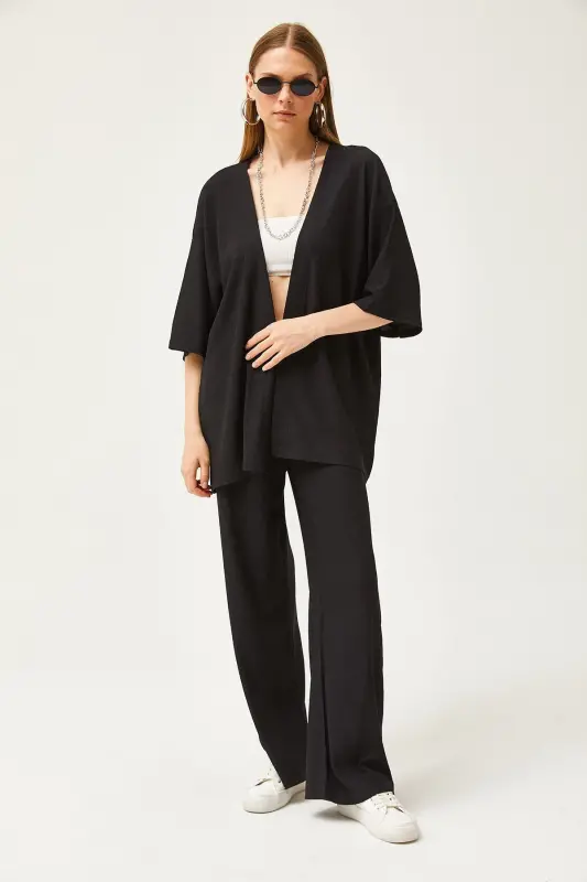 Kadın Siyah Üst Kimono Alt Pantolon Takım TKM-19000280-Siyah - 3