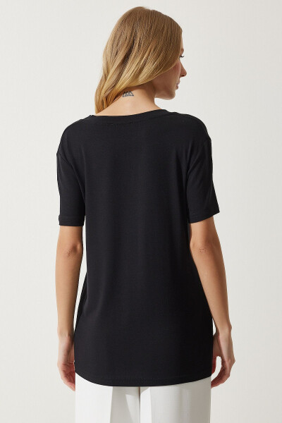 Kadın Siyah V Yaka Basic Viskon Örme T-Shirt EN00613-Siyah - 4