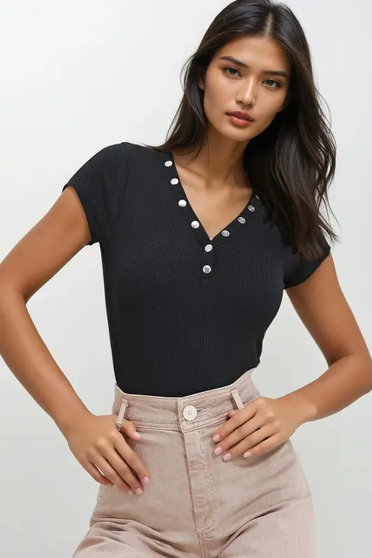 Kadın Siyah V Yaka Çıt Çıt Çıt Kapamalı Bluz ALC-X11576-SİYAH - 1