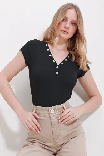 Kadın Siyah V Yaka Çıt Çıt Çıt Kapamalı Bluz ALC-X11576-SİYAH - 3