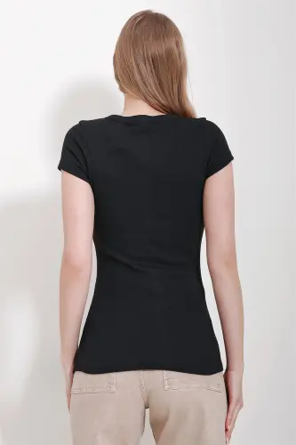 Kadın Siyah V Yaka Çıt Çıt Çıt Kapamalı Bluz ALC-X11576-SİYAH - 5