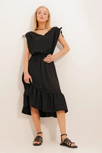 Kadın Siyah V Yaka Eteği Volanlı Beli Lastikli Dokuma Elbise Alc-X11744-SİYAH - 3