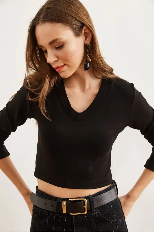 Kadın Siyah V Yaka Soft Touch Esnek Bluz BLZ-19002767-Siyah - 3