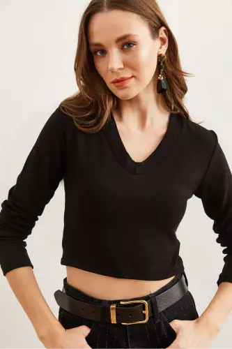 Kadın Siyah V Yaka Soft Touch Esnek Bluz BLZ-19002767-Siyah - OLALOOK (1)