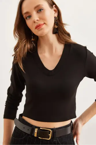 Kadın Siyah V Yaka Soft Touch Esnek Bluz BLZ-19002767-Siyah - 1