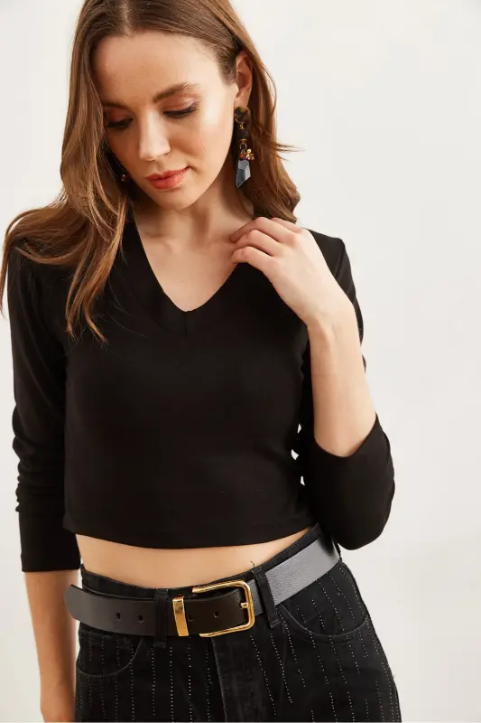 Kadın Siyah V Yaka Soft Touch Esnek Bluz BLZ-19002767-Siyah - 4