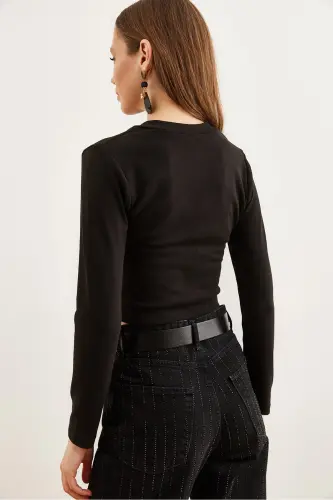 Kadın Siyah V Yaka Soft Touch Esnek Bluz BLZ-19002767-Siyah - 5