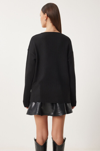 Kadın Siyah V Yaka Triko Kazak ZA00063-Siyah - 5