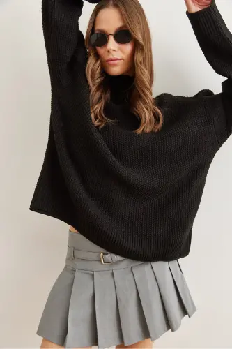 Kadın Siyah Yaka Manşet Kıvrık Petek Triko Kazak KZK-19000825-Siyah - 2